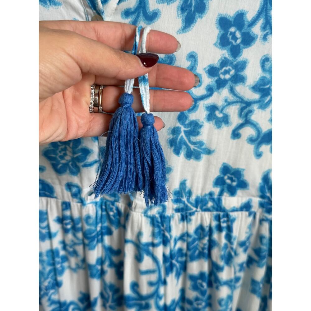 Ro's Garden Floral Print Cap Sleeve Tassel Tie Tiered Midi Dress White Blue Med - Picture 6 of 10